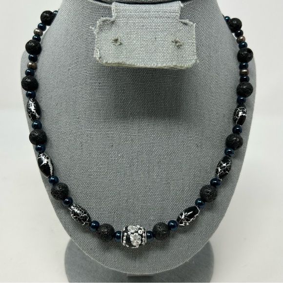 Classic Black Lava Rock Beaded Necklace with Blue and Black Marble Beads - Picture 1 of 11